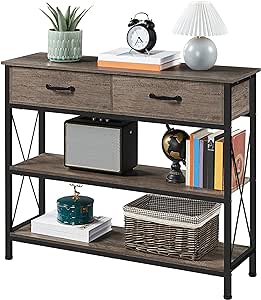 Yaheetech Console Table with 2 Drawers, 3-Tier Entryway Table with Storage Shelves, Narrow Long Sofa Couch Table for Living Room, Hallway, Metal Frame, Taupe Wood