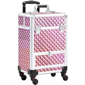 Yaheetech Rolling Makeup Train Case Aluminum Cosmetic Case with Wheels Barber Case Salon Lockable Travel Trolley with Sliding Drawers Removable Divider, Glitter Pink