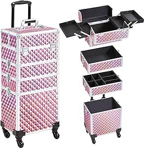 Yaheetech 4 in 1 Professional Makeup Train Case Rolling Cosmetic Trolley Makeup Case Organizer Makeup Travel Case with 4 Detachable Removable Wheels, Glitter Pink