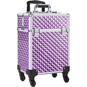 Yaheetech Rolling Makeup Train Case Professional Aluminum Cosmetic Case Large Storage Makeup Trolley with 4 Detachable Removable Wheels, 4 Trays and 1 Cubby with Sliding Rail - Holographic Purple