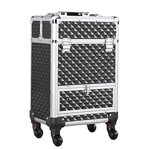 Yaheetech Rolling Makeup Train Case Aluminum Cosmetic Case with Wheels Barber Case Salon Lockable Travel Trolley with Sliding Drawers Removable Divider, Black