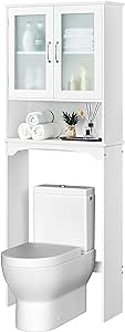 Yaheetech Over The Toilet Storage Cabinet with Double Tempered Glass Doors and Adjustable Shelf, Freestanding Bathroom Storage Rack, 66 Inches Height