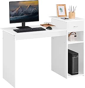 Yaheetech Home Office Computer Desk with Storage Drawer & Monitor Shelf, Writing PC Laptop Table Desk Study Workstation Furniture for Small Spaces, White