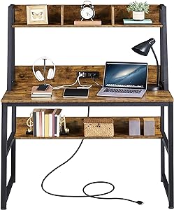 Yaheetech 47 in Modern Computer Desk with Power Outlets and 2 USB Ports, Home Office Study Writing Desk with Hutch and Bookshelf, Large Workstation Gaming Table with Charging Station, Rustic Brown