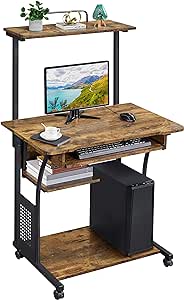 Yaheetech 3 Tiers Rolling Computer Desk with Keyboard Tray and Printer Shelf for Home Office, Mobile Computer Desk for Small Space, Retro Computer Table Compact PC Laptop Workstation, Rustic Brown