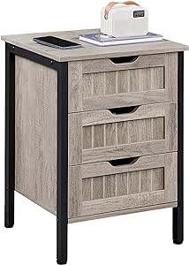 Yaheetech Wood Nightstand, Bedside Table with 3 Drawers, Metal Frame Bedside Cupboard Cabinet Unit Chest of Drawer with Storage Compartments for Bedroom, Gray