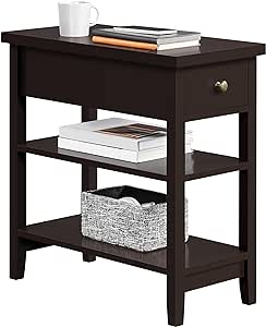 Yaheetech 3-Tier Narrow Side Table with Drawer and Storage Shelves, Small End Table Bedside Cabinet for Living Room Bedroom Small Space Hallway Corner, 24″ L × 12″ W × 24.5″ H, Espresso