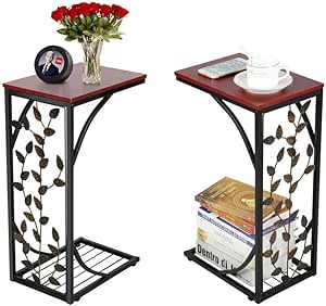 Yaheetech C Shaped End Table Set of 2 Sofa Side Tables for Living Room, Couch Tables Small Coffee Tray Snack Tables Slide Under Sofa with Elegant Leaf Design, Bronze Metal Frame and Wooden Tabletop