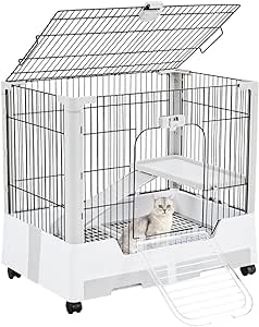 Yaheetech 30'' Small Animal Cage 2-Level Open Top Rabbit Cage on Wheels with Pull-Out Tray for Guinea Pig, Ferret, Chinchilla, Kitten, Bunny Small Animal Hutch, 30″ W x 20″ D x 27″ H