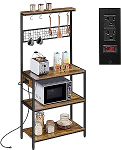 Yaheetech Baker's Rack with Power Outlet, 4-Tier Coffee Bar Microwave Stand Cart with 10 S-Hooks & Adjustable Feet, Freestanding Kitchen Utility Cart Storage Shelf Organizer, Rustic Brown