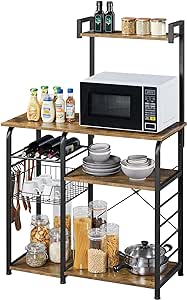 Yaheetech Industrial Kitchen Baker’s Rack Utility Microwave Oven Stand with Wire Basket & 10 S Hooks, Coffee Bar Spices Utensils Storage Shelf, Easy Assembly, Rustic Brown