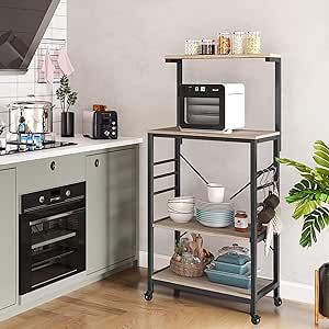 Yaheetech Kitchen Bakers Rack on Wheels, Microwave Stand Kitchen Cart with Sliding Shelf, Rolling Coffee Bar Cart with 6 S-Side Hooks and Adjustable Feet, Utility Storage Shelf, Gray