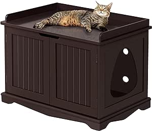 Yaheetech Wood Cat Litter Box Enclosure, Indoor Cat Crate with Double Doors, Decorative Pet Side Table for Living Room, Hidden Washroom Storage Bench for Large Cat Kitty, Espresso