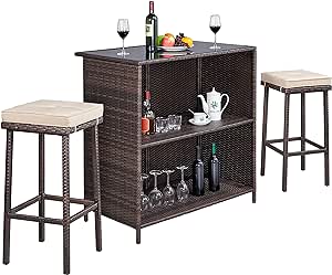 I bought this set for my backyard patio. Nice wicker design with a glass top. Comes with 2 bar stools with removeable padded seat covers.