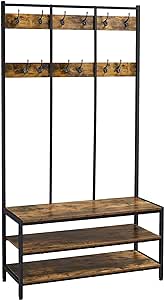 Yaheetech Rustic Brown 3-in-1 Entryway Bench, 24 Hooks, 2 Shelves, Shoe Rack Organizer, Adjustable Protective Feet