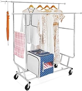 Yaheetech makes easy to assemble, solidly built garment racks that hold a lot of clothing on hangers. Sturdy and easy to maneuver too.