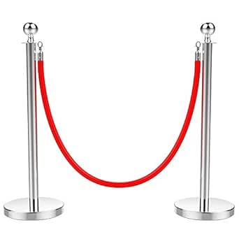 Yaheetech 2pcs Crowd Control Stanchions - 6.5FT Red Velvet Rope Retractable Stanchion Posts Barrier & 39.4'' Height Stainless Steel Polish Stanchion Set for Theater Hotels Clubs Museums - Silver