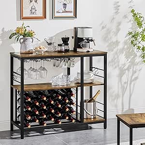 Yaheetech Wine Rack Table with Glass Holder, Industrial Wine Bar Cabinet with 25-Bottle Wine Storage and 6 Hooks, Coffee Bar Table Liquor Cabinet for Bar, Buffet, Living Room, Kitchen, Rustic Brown