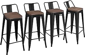 Yaheetech 30" Metal Barstools Set of 4 Bar Height Bar Stools with Wooden Top Low Back Industrial Bar Stools Metal Stool for Indoor-Outdoor Counter Stools with Wooden Seat Matte Black