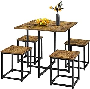 Yaheetech 5 Piece Dining Table & Chair Set - Compact Dining Table Sets Small Kitchen Table with 4 Stools for Dining Room Small Space -Rustic Brown