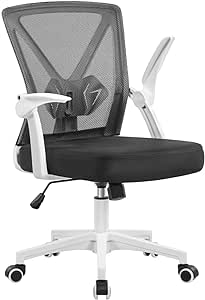 Yaheetech Office Chair Ergonomic Desk Chair Mesh Computer Chair Swivel Rolling Task Chair with Flip-up Arms Adjustable Height and Lumbar Support Breathable Back for Home Office and Work, White