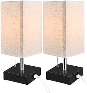 ELINKUME Night Stand Lamps Set 2 Table Lamps Set of 2 for bedrooms with USB Port Decoration Bedside Lamps Side Table Lamps Bedroom Nightstand Romantic Night Light Pull Chain Switch