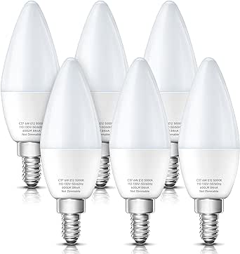 Eastiya Ceiling Fan Bulb Chandelier Bulbs 60 Watt Equivalent, 5000K Daylight White Candelabra LED Light Bulbs, E12 Small Base 6W B11 600LM, Non-Dimmable, Pack of 6