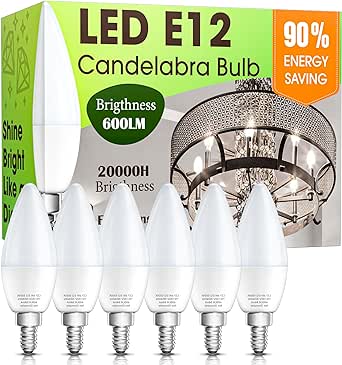 Eastiya E12 Candelabra LED Light Bulb 60 Watt Equivalent, 5000K Daylight White Chandelier Light Bulbs, 600LM 6W Type B Light Bulb for Ceiling Fan, Non-Dimmable Lightbulbs, Pack of 6