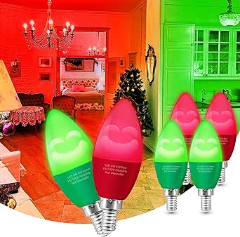 Eastiya Green&Red E12 LED Bulb 40 Watt Equivalent 6W, Colored Chandelier Light Bulbs Indoor, 450LM for Party Decoration, Porch, Home Lighting, Holiday Lighting, Thanksgiving Day, Non-Dim, 6-Pack