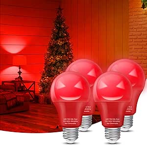 Eastiya Red LED Light Bulbs 60 Watt Equivalent 9W, A19 Christmas Colored Light Bulb Indoor, 800LM, E26 Base for New Year, Porch Home Lighting, Wedding Party, Bar Decor, Non-Dim, 4-Pack