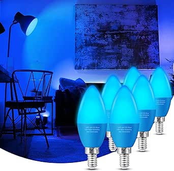 Eastiya Blue E12 LED Bulb 40 Watt Equivalent 6W, Christmas Colored Chandelier Light Bulbs Indoor, 450LM for Party Decoration, Porch, Home Lighting, Holiday Lighting, Thanksgiving Day, Non-Dim, 6-Pack