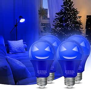 Eastiya Blue LED Light Bulbs 60 Watt Equivalent 9W, A19 Colored Light Bulb Outdoor, 800LM, E26 Base for Police Support, New Year, Porch Home Lighting, Wedding Party, Bar Decor, Non-Dim, 4-Pack