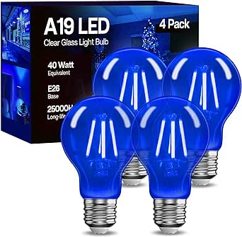 Eastiya Blue LED Light Bulbs 40 Watt Equivalent 4W, A19 Clear Glass Outdoor, 240LM, E26 Base for New Year, Porch Home Lighting, Wedding Party, Bar Decor, Christmas, Non-Dim, 4-Pack