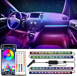 PURSNIC 16.4Ft Car Interior Lights, Smart Chasing Mode LED Light Strip, Dreamcolor APP Control 2 Line 72 LEDs Under Car Lights with Car Charger for Party, Christmas, Festival