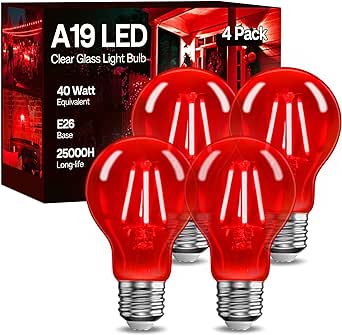 Eastiya Red LED Light Bulbs 40 Watt Equivalent 4W, A19 Clear Glass Light Bulb Outdoor, 240LM, E26 Base for New Year, Porch Home Lighting, Wedding, Decor, Christmas, Non-Dim, 4-Pack