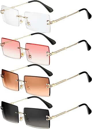 4 Pairs Rimless Rectangle Sunglasses Frameless Square Glasses Vintage Transparent Eyewear for Women Men