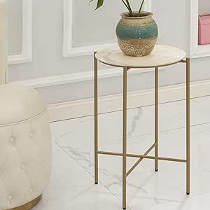 Moncot Round Side Table SmallGold end Table White Side Table Marble Side Tables for Living Room Bedroom Glass Top Faux Marble TextureModern Brass Metal Frame