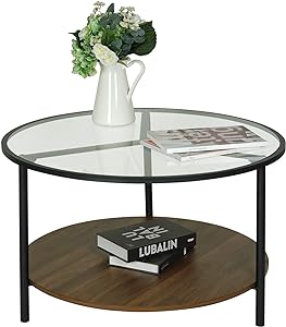 Moncot Round Living Room: Glass Coffee Table with Storage Black Coffee Table Wood with Walnut Metal Base and Frame