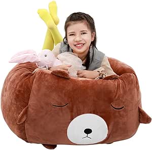 Bear Stuffed Animal Storage Bean Bag Chair Cover 24x24 Inch Velvet Extra Soft Plush Organization Replace Mesh Toy Hammock for Kids Toys Blankets Towels Clothes Household Supplies Brown