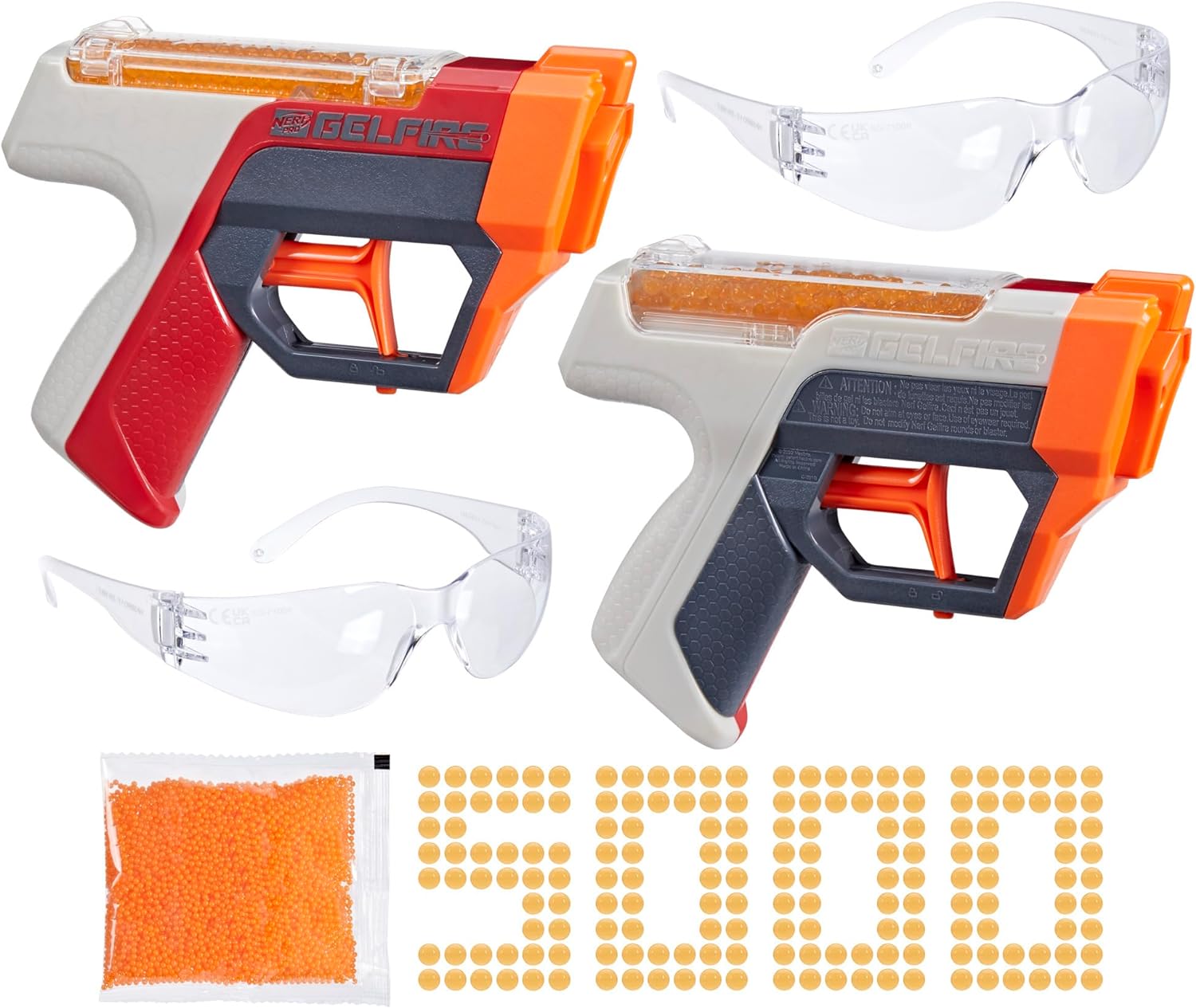 NERF Pro Gelfire Dual Wield Pack, 2 Blasters, No-Prime Firing, 5000 Gelfire Rounds, 2X 100 Round Integrated Hoppers, 2 Eyewear, Ages 14 & Up
