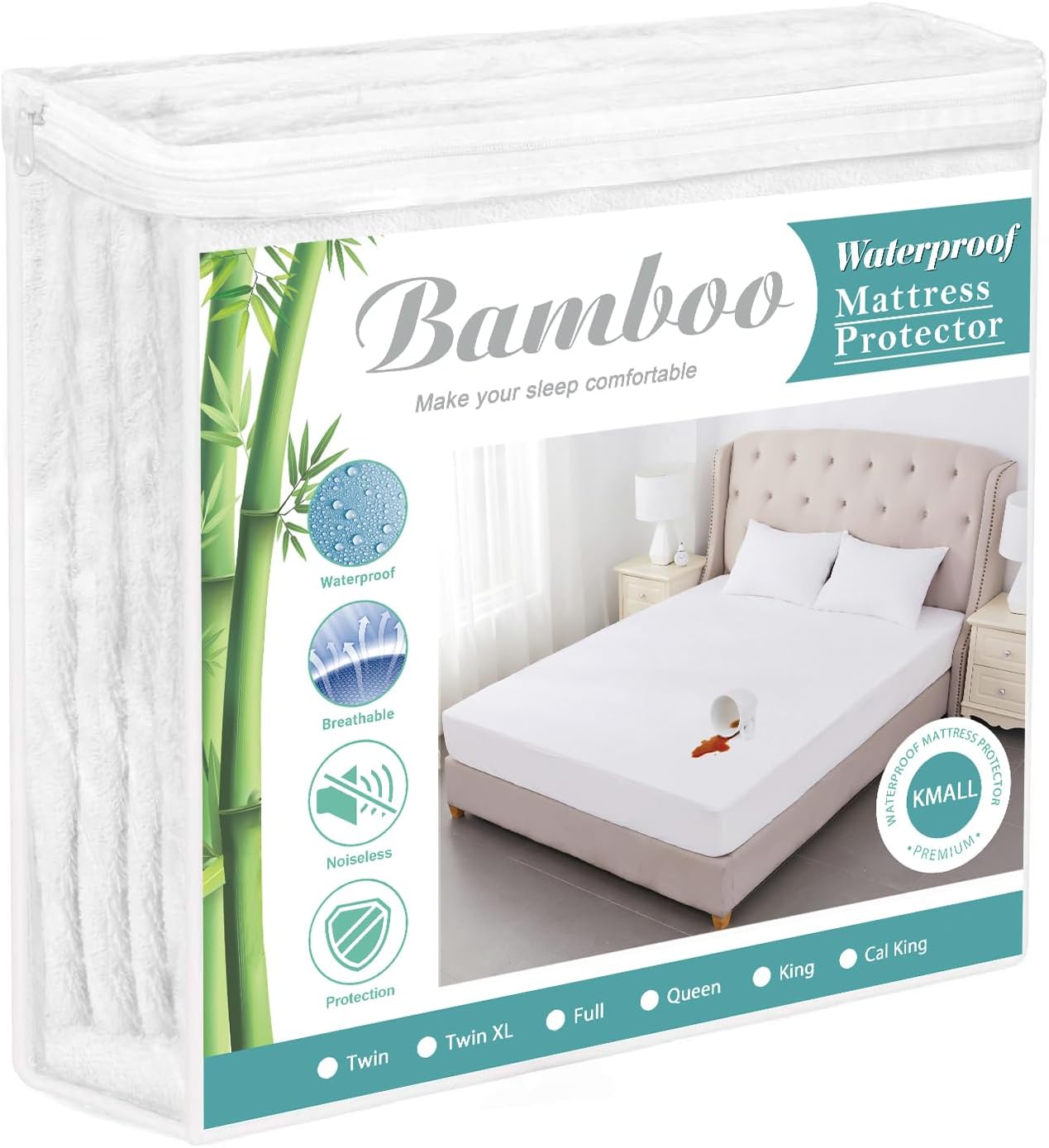 King Size Cooling Waterproof Mattress Protector Pad Cover,Bamboo Terry Top Breathable Fitted Sheet Style Deep Pocket-Noiseless,Vinyl,PVC Free,Matress Cover King for Pets Kids Adults White