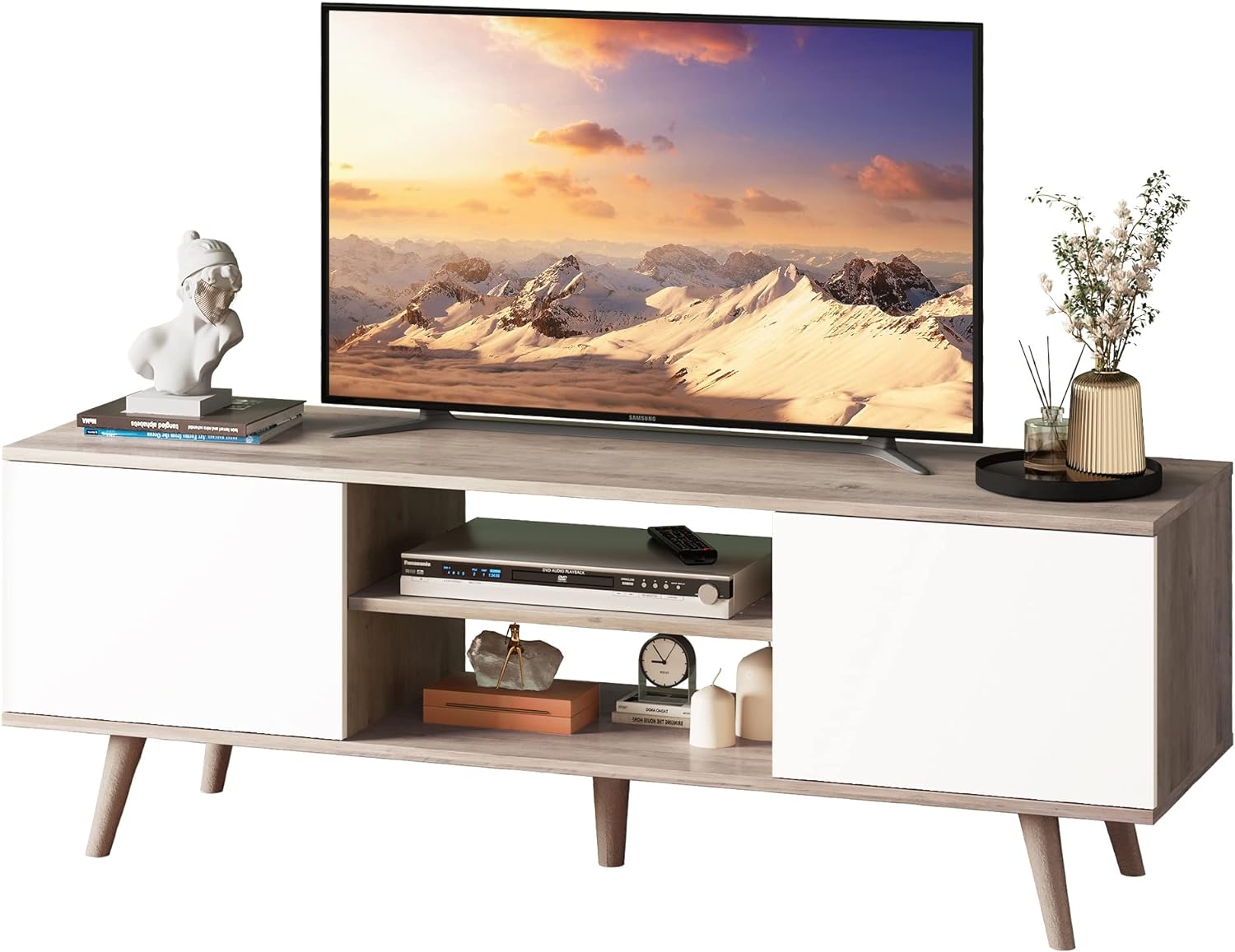 WLIVE TV Stand for 55 60 inch TV, Boho Entertainment Center with Storage Cabinets, TV Console for Living Room Decor, Greige White