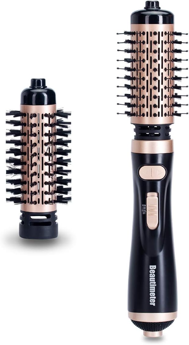 Beautimeter Hair Dryer Brush, 3-in-1 Round Hot Air Spin Brush Kit for Styling and Frizz Control, Negative Ionic Blow Volumizer, 2 Detachable Auto-Rotating Curling Brush, Black & Gold