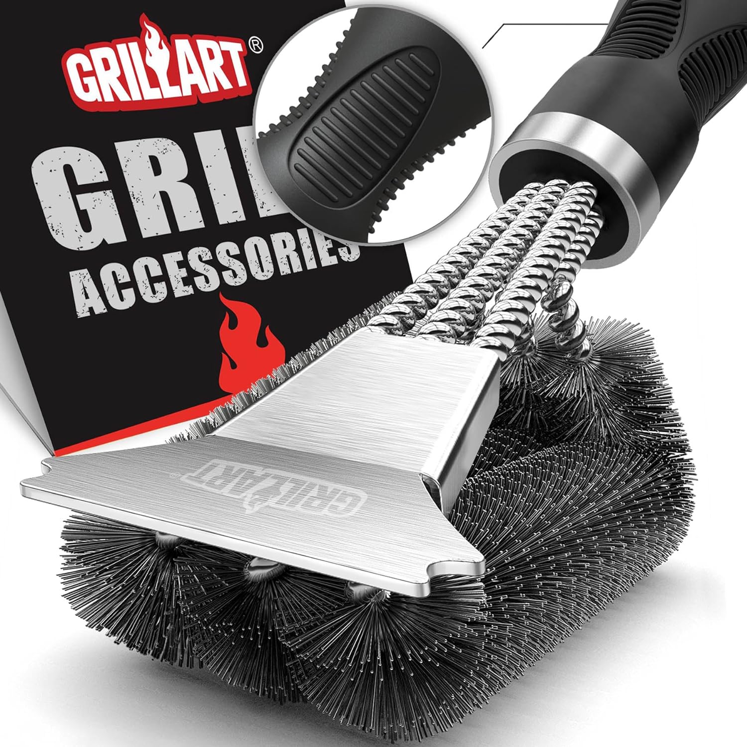 GRILLART Grill Brush and Scraper, Extra Strong BBQ Cleaner Accessories, Safe Wire Bristles 18 Barbecue Triple Scrubbers Cleaning Brush for Gas/Charcoal Grilling Grates, Wizard Tool BR-8115