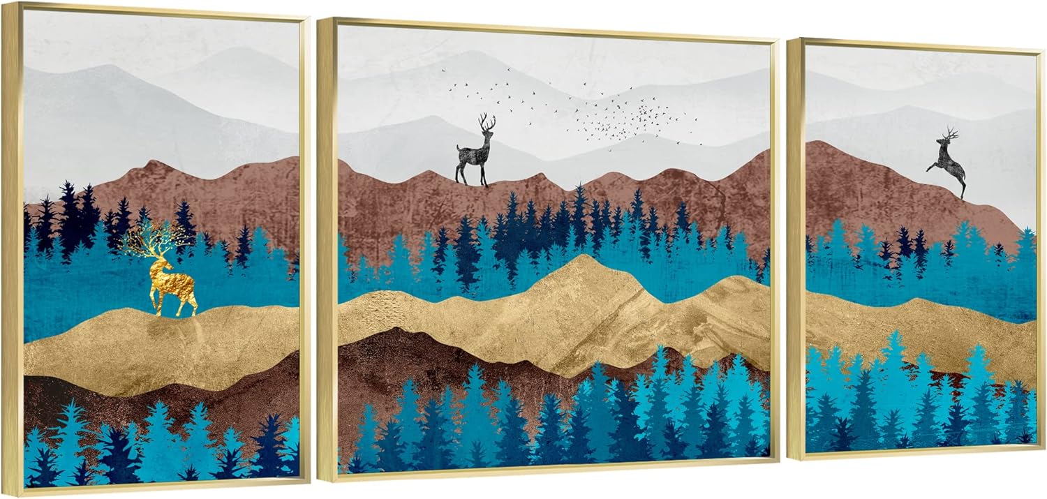 TIME TREE Wall Art Canvas Prints Nature Landscape Forest with Deer Abstract Modern Art Large Size for Living Room Bedroom Office with Aluminum Gold Frame