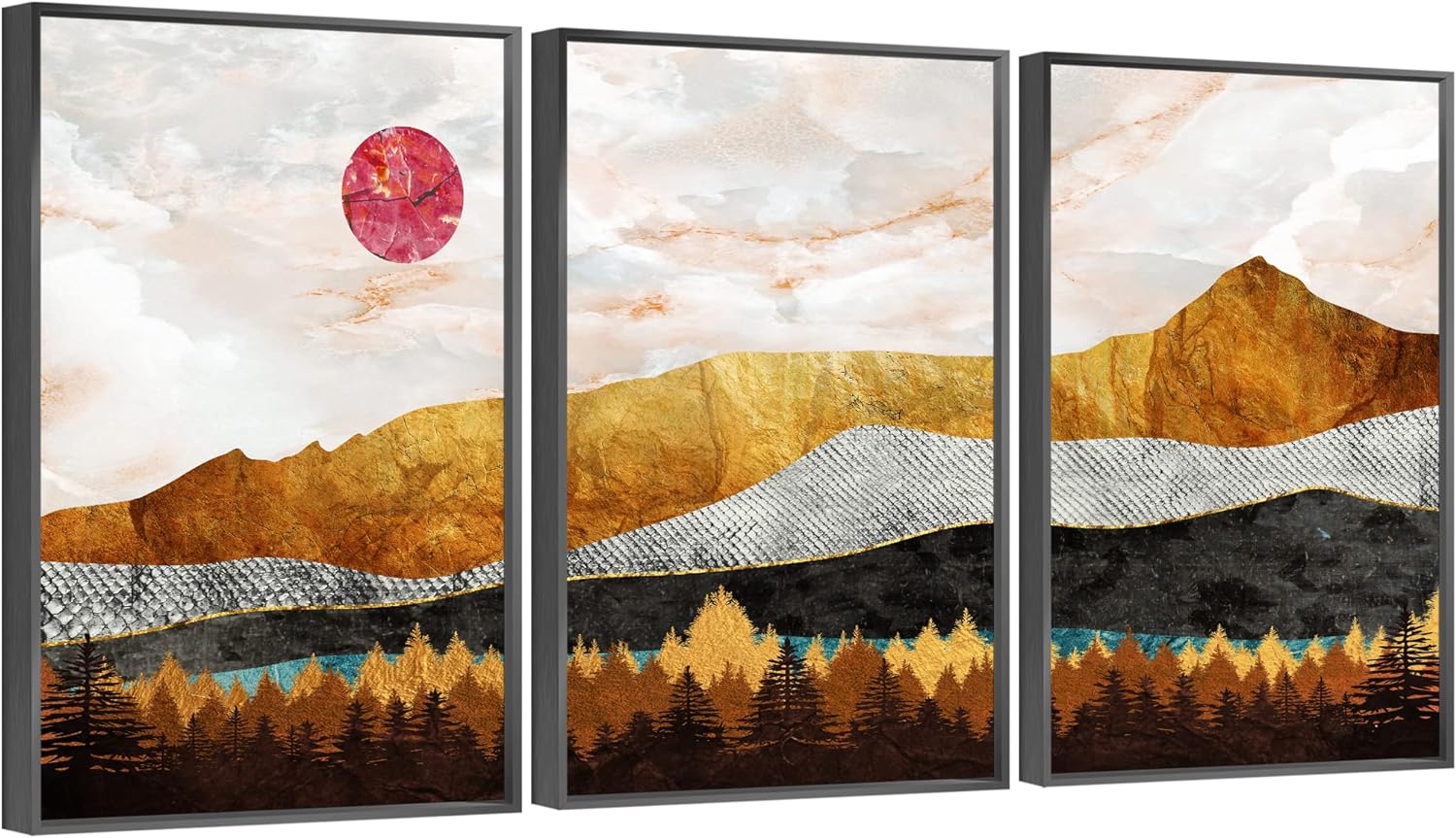 TIME TREE Abstract Geometric Mountain Nature Wall Decoration Canvas Artwork Alloy frame Wall Art for Living Room Wall Decor for Bedroom Bathroom 3 Piece Framed Prints Pictures Home Decor