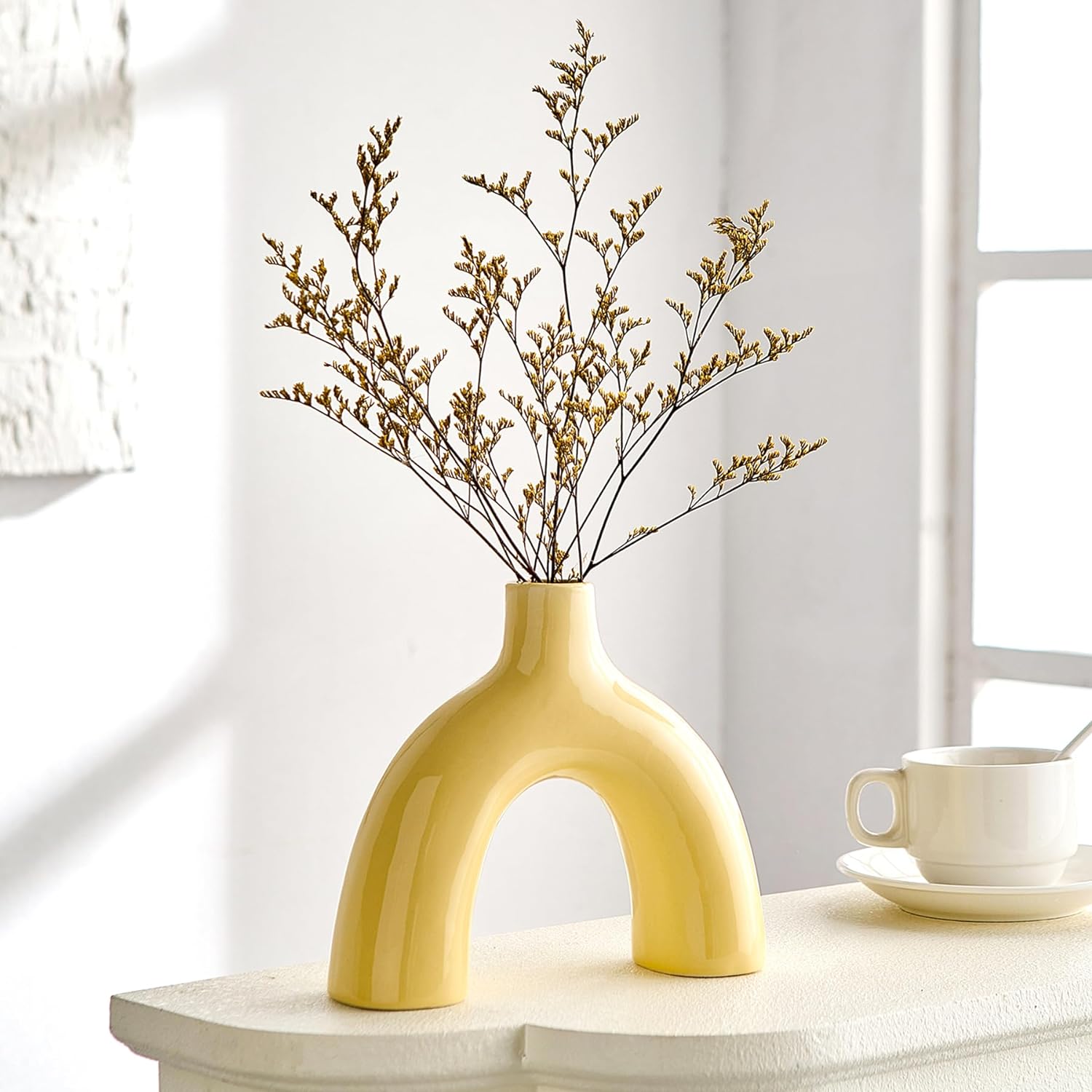 Ceramic Yellow Vase Boho Vases for Decor Yellow Small Vases for Modern Home Decor, Pampas Grass Yellow Decorative Vase for Living Room Bedroom Dinner Table Bookshelf Coffee Table Decoration -6.53 H