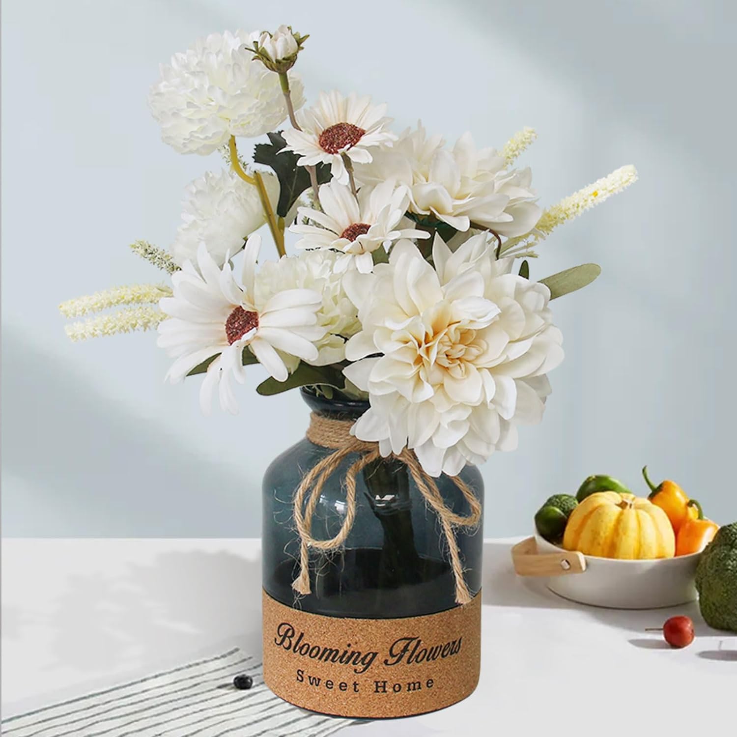 Leftover Faux Flowers in vase,Artificial Flowers in vase,Table centerpieces for Dining Room,Flower centerpieces for Tables,Fake Flowers with vase,Kitchen Table Decor,Coffee Table Decor