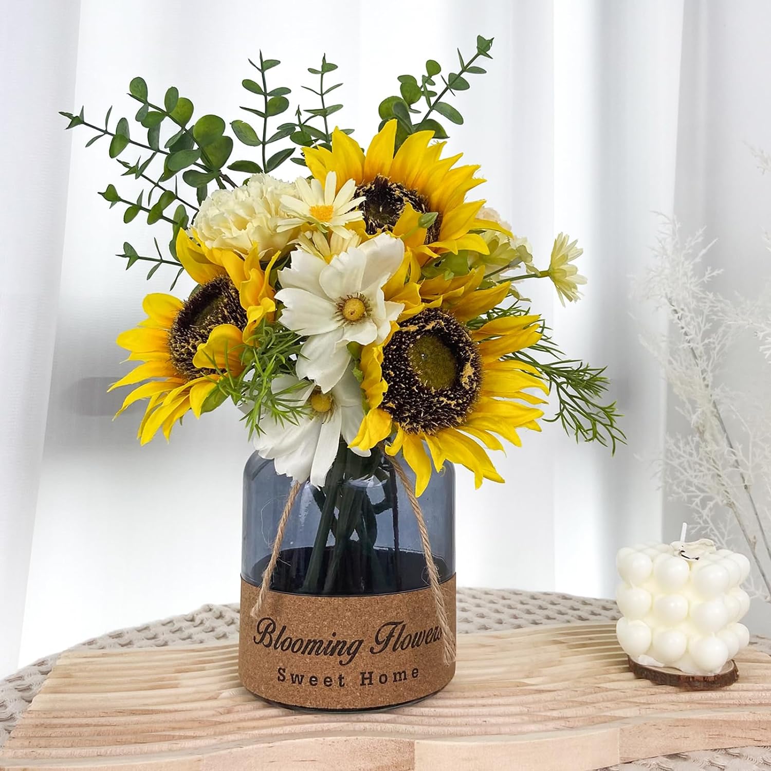 Leftover Faux Flowers in Vase,Artificial Sunflower Bouquets in Vase,Flower Centerpieces for Tables,Fake Flowers with Vase,Coffee Table Decor,Silk Flower Arrangements