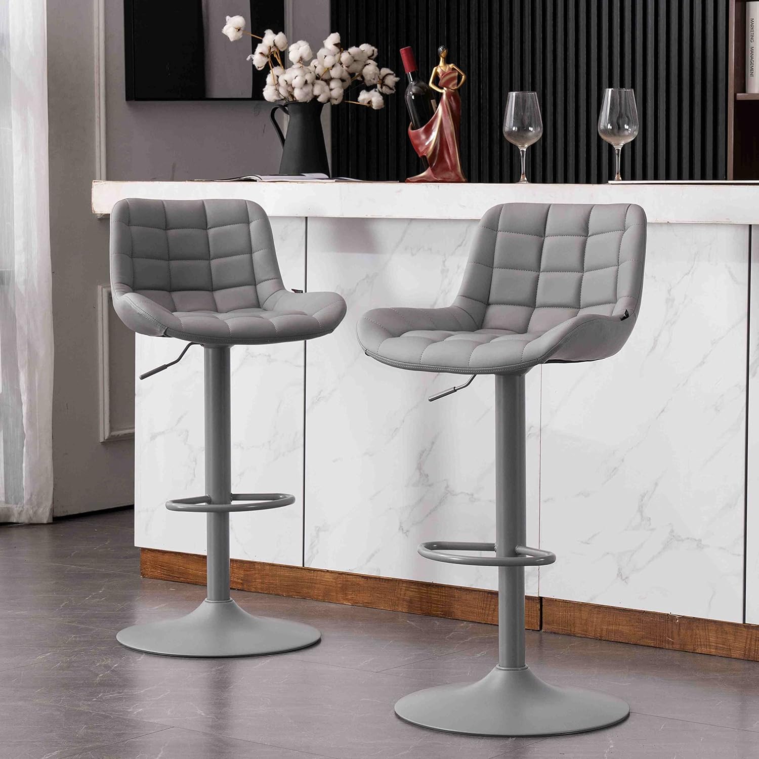 YOUTASTE Grey Bar Stools Set of 2 Counter Height Bar Stool PU Leather Upholstered Metal Barstools Modern Adjustable Swivel High Back Bar Chairs Home Kitchen Island